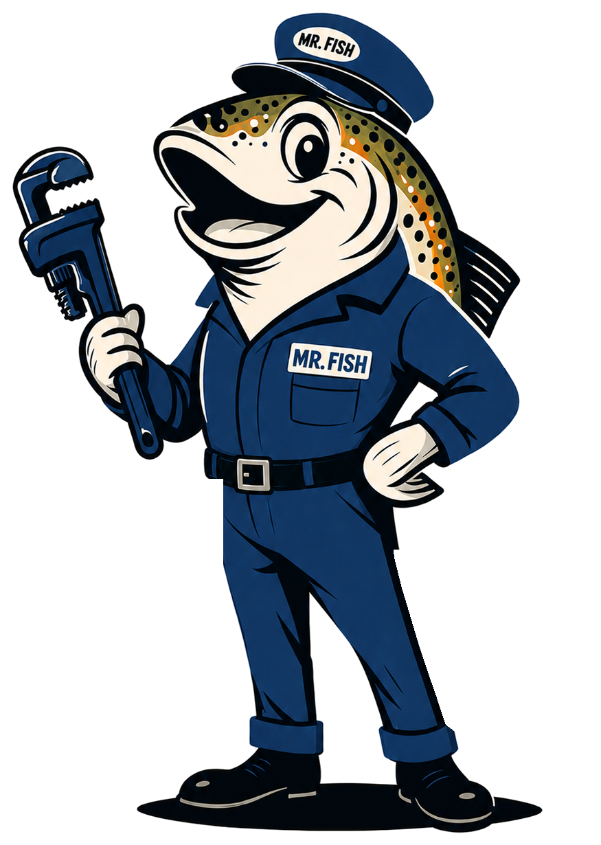 Mr. Fish mascot, no-tail pose