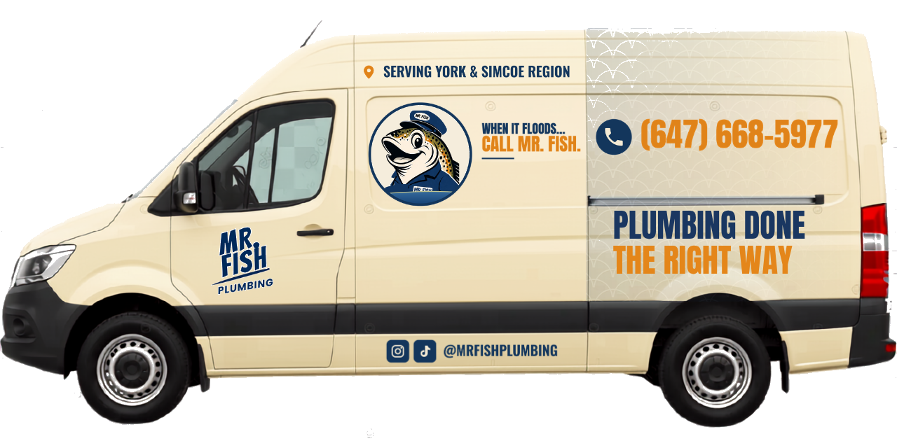 Mr. Fish Plumbing van wrap, circle-badge design