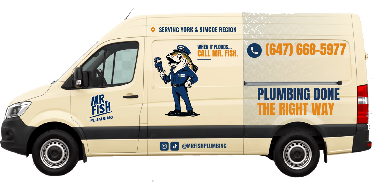 Mr. Fish Plumbing van wrap, full-mascot design